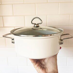 Vintage Chantal White Enamel on Steel Pan/Pot with Glass Lid